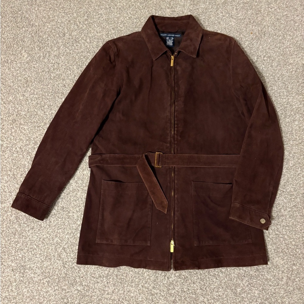 Vintage Ralph Lauren Golf Suede Jacket Leather RRL Safari Coat Belted Zip Up L - Picture 2 of 13